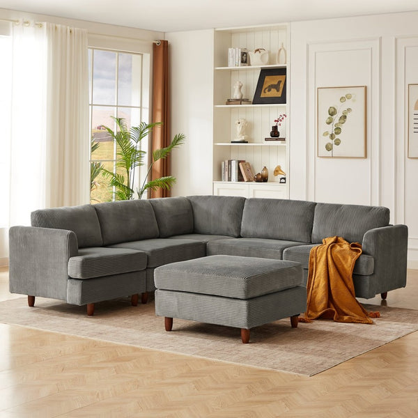 English Elm Modern Corduroy Modular Sectional Sofa Six Seat Sleeper with Free Combination Design Grey W1097S00167