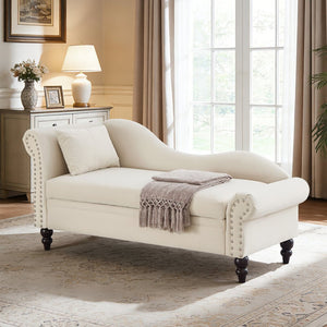 English Elm 64.5'' Velvet Chaise Lounge with Hidden Storage Nailhead Trim and Lumbar Pillow Support Beige W1097S00293
