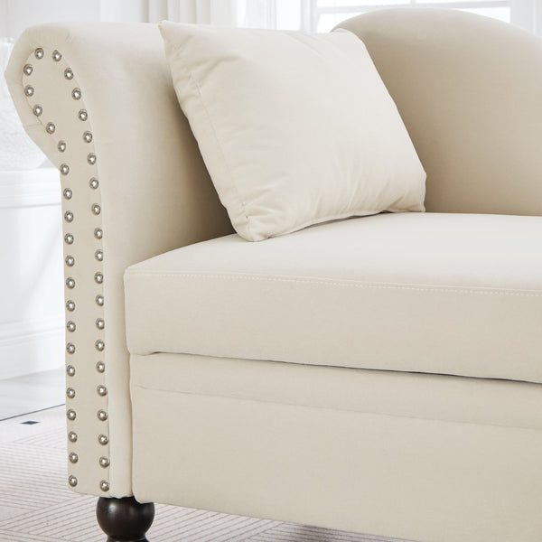 English Elm 64.5'' Velvet Chaise Lounge with Hidden Storage Nailhead Trim and Lumbar Pillow Support Beige W1097S00293