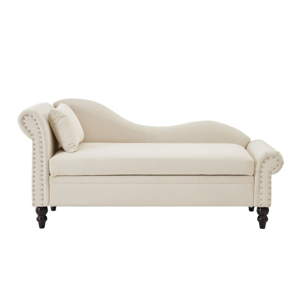 English Elm 64.5'' Velvet Chaise Lounge with Hidden Storage Nailhead Trim and Lumbar Pillow Support Beige W1097S00293