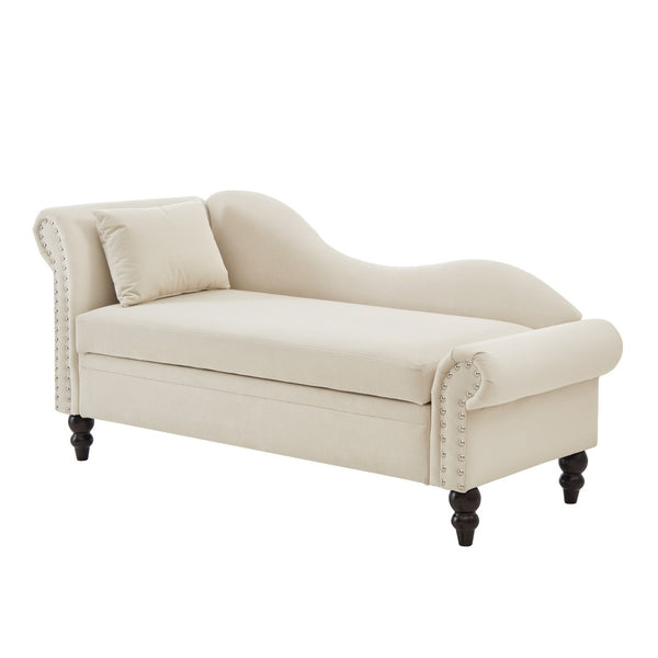 English Elm 64.5'' Velvet Chaise Lounge with Hidden Storage Nailhead Trim and Lumbar Pillow Support Beige W1097S00293
