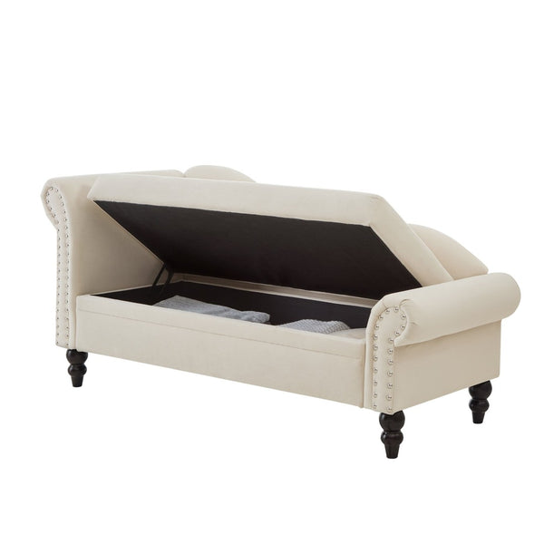 English Elm 64.5'' Velvet Chaise Lounge with Hidden Storage Nailhead Trim and Lumbar Pillow Support Beige W1097S00293