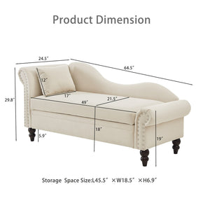 English Elm 64.5'' Velvet Chaise Lounge with Hidden Storage Nailhead Trim and Lumbar Pillow Support Beige W1097S00293