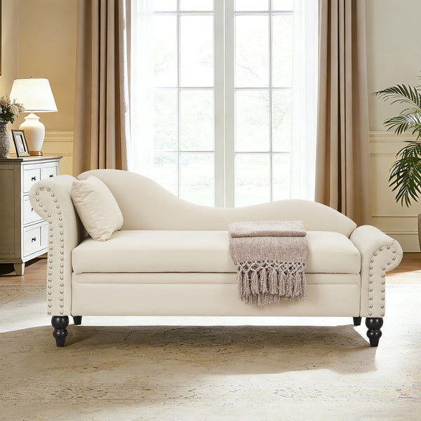 English Elm 64.5'' Velvet Chaise Lounge with Hidden Storage Nailhead Trim and Lumbar Pillow Support Beige W1097S00293