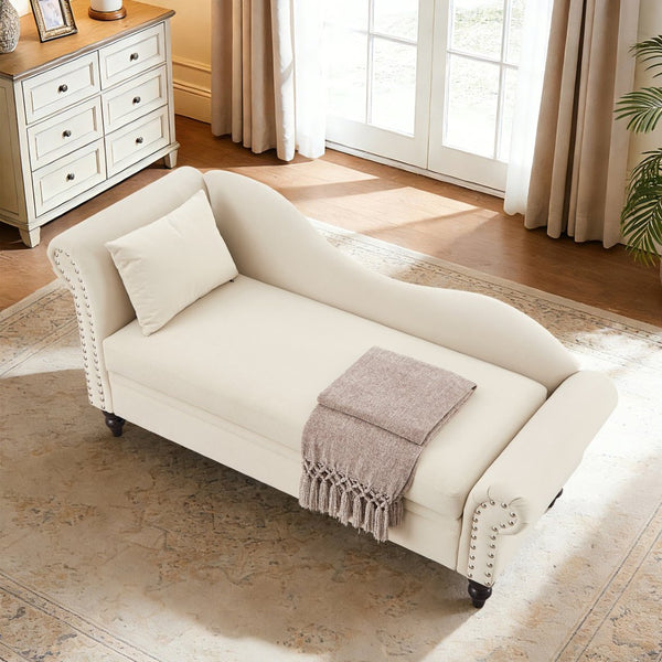 English Elm 64.5'' Velvet Chaise Lounge with Hidden Storage Nailhead Trim and Lumbar Pillow Support Beige W1097S00293