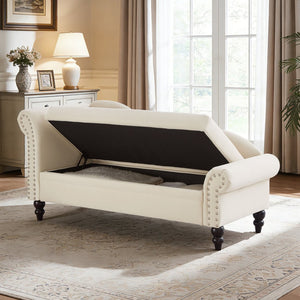 English Elm 64.5'' Velvet Chaise Lounge with Hidden Storage Nailhead Trim and Lumbar Pillow Support Beige W1097S00293