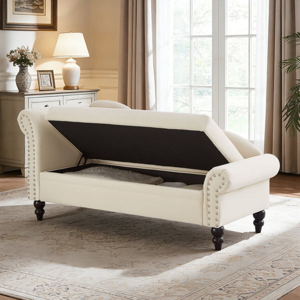 English Elm 64.5'' Velvet Chaise Lounge with Hidden Storage Nailhead Trim and Lumbar Pillow Support Beige W1097S00293