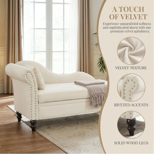 English Elm 64.5'' Velvet Chaise Lounge with Hidden Storage Nailhead Trim and Lumbar Pillow Support Beige W1097S00293