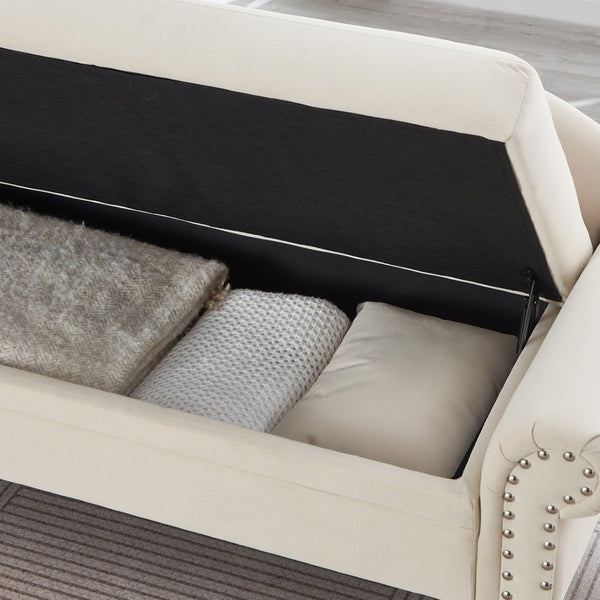 English Elm 64.5'' Velvet Chaise Lounge with Hidden Storage Nailhead Trim and Lumbar Pillow Support Beige W1097S00293