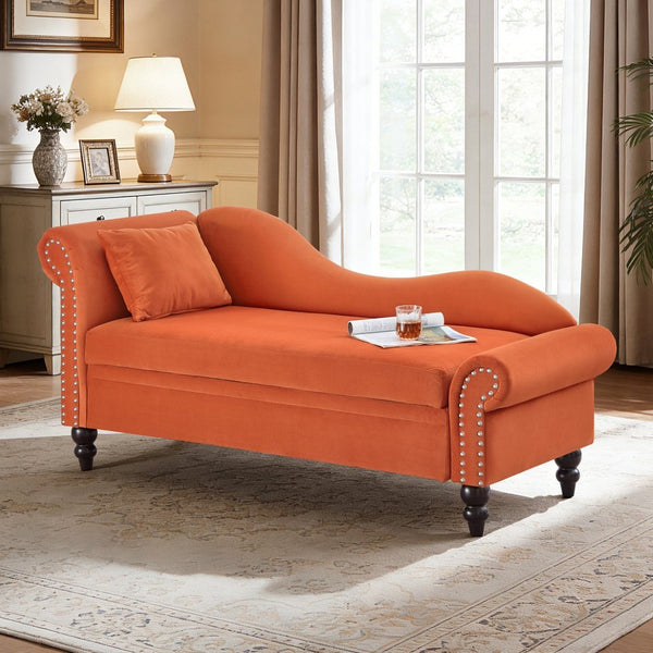 English Elm 64.5'' Velvet Chaise Lounge with Hidden Storage Nailhead Trim and Lumbar Pillow Support Orange W1097S00294