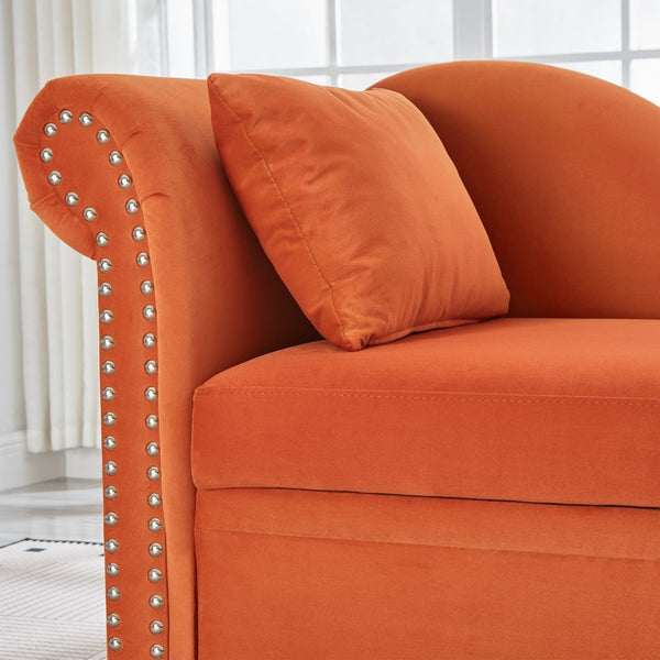 English Elm 64.5'' Velvet Chaise Lounge with Hidden Storage Nailhead Trim and Lumbar Pillow Support Orange W1097S00294