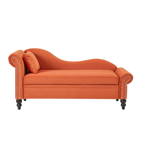 English Elm 64.5'' Velvet Chaise Lounge with Hidden Storage Nailhead Trim and Lumbar Pillow Support Orange W1097S00294