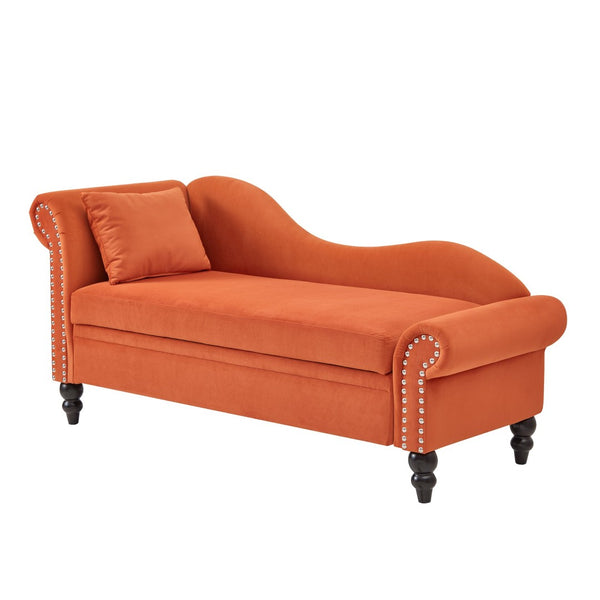 English Elm 64.5'' Velvet Chaise Lounge with Hidden Storage Nailhead Trim and Lumbar Pillow Support Orange W1097S00294