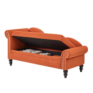 English Elm 64.5'' Velvet Chaise Lounge with Hidden Storage Nailhead Trim and Lumbar Pillow Support Orange W1097S00294