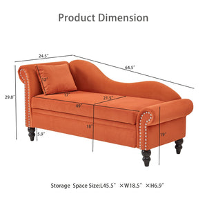 English Elm 64.5'' Velvet Chaise Lounge with Hidden Storage Nailhead Trim and Lumbar Pillow Support Orange W1097S00294