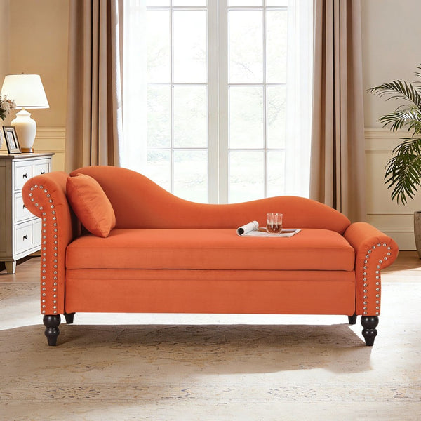 English Elm 64.5'' Velvet Chaise Lounge with Hidden Storage Nailhead Trim and Lumbar Pillow Support Orange W1097S00294