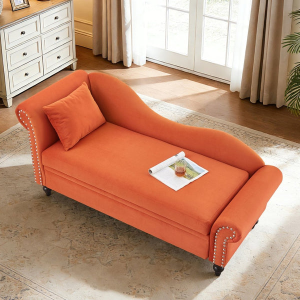 English Elm 64.5'' Velvet Chaise Lounge with Hidden Storage Nailhead Trim and Lumbar Pillow Support Orange W1097S00294