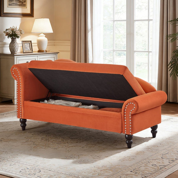 English Elm 64.5'' Velvet Chaise Lounge with Hidden Storage Nailhead Trim and Lumbar Pillow Support Orange W1097S00294