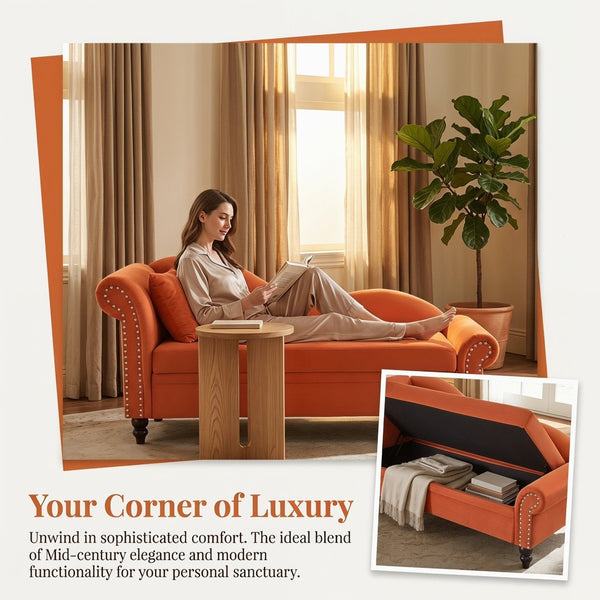English Elm 64.5'' Velvet Chaise Lounge with Hidden Storage Nailhead Trim and Lumbar Pillow Support Orange W1097S00294
