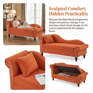 English Elm 64.5'' Velvet Chaise Lounge with Hidden Storage Nailhead Trim and Lumbar Pillow Support Orange W1097S00294