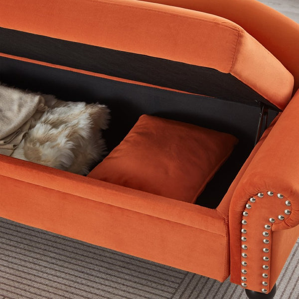 English Elm 64.5'' Velvet Chaise Lounge with Hidden Storage Nailhead Trim and Lumbar Pillow Support Orange W1097S00294