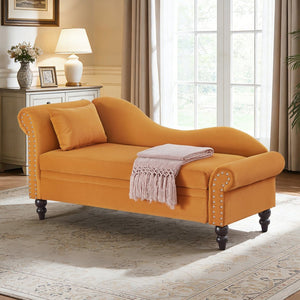 English Elm 64.5'' Velvet Chaise Lounge with Hidden Storage Nailhead Trim and Lumbar Pillow Support Earthy Yellow W1097S00295