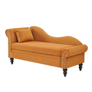 English Elm 64.5'' Velvet Chaise Lounge with Hidden Storage Nailhead Trim and Lumbar Pillow Support Earthy Yellow W1097S00295