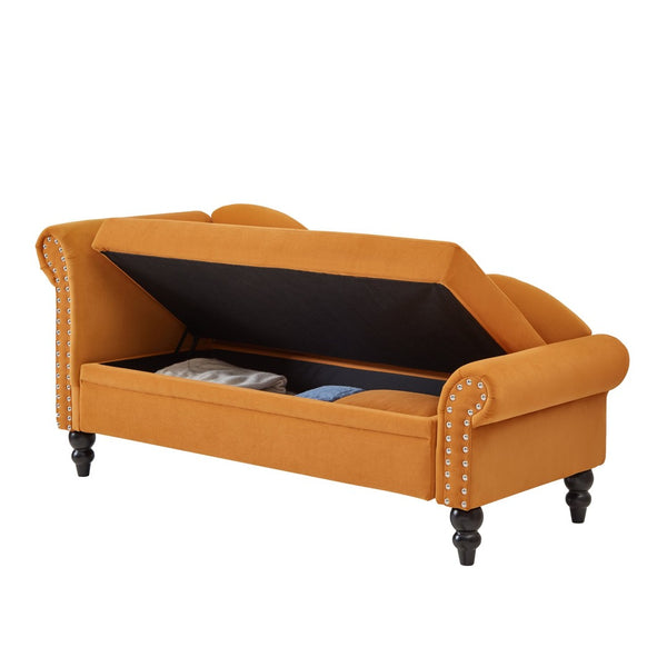 English Elm 64.5'' Velvet Chaise Lounge with Hidden Storage Nailhead Trim and Lumbar Pillow Support Earthy Yellow W1097S00295