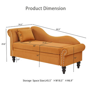English Elm 64.5'' Velvet Chaise Lounge with Hidden Storage Nailhead Trim and Lumbar Pillow Support Earthy Yellow W1097S00295