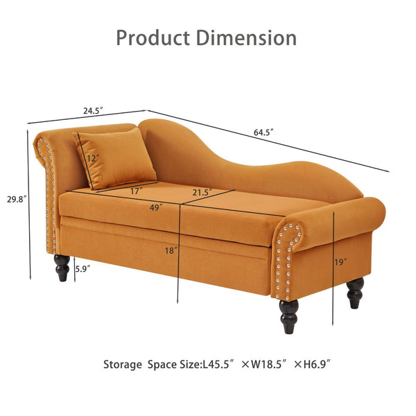 English Elm 64.5'' Velvet Chaise Lounge with Hidden Storage Nailhead Trim and Lumbar Pillow Support Earthy Yellow W1097S00295