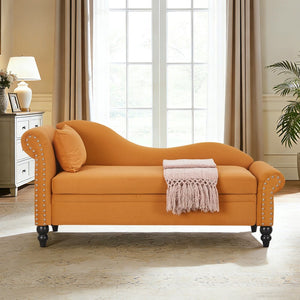 English Elm 64.5'' Velvet Chaise Lounge with Hidden Storage Nailhead Trim and Lumbar Pillow Support Earthy Yellow W1097S00295