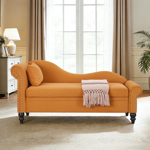 English Elm 64.5'' Velvet Chaise Lounge with Hidden Storage Nailhead Trim and Lumbar Pillow Support Earthy Yellow W1097S00295