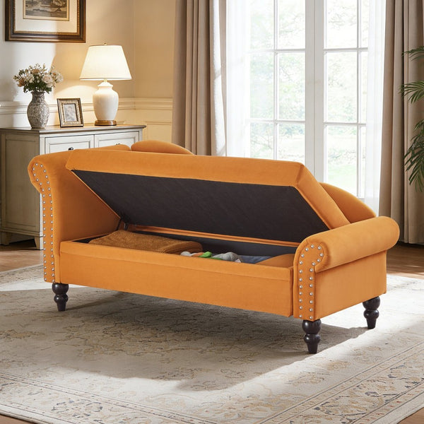 English Elm 64.5'' Velvet Chaise Lounge with Hidden Storage Nailhead Trim and Lumbar Pillow Support Earthy Yellow W1097S00295