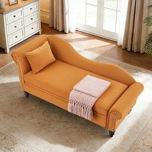 English Elm 64.5'' Velvet Chaise Lounge with Hidden Storage Nailhead Trim and Lumbar Pillow Support Earthy Yellow W1097S00295