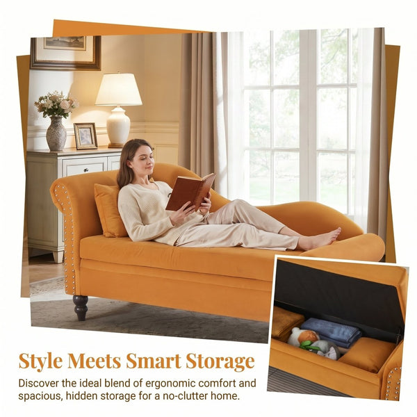 English Elm 64.5'' Velvet Chaise Lounge with Hidden Storage Nailhead Trim and Lumbar Pillow Support Earthy Yellow W1097S00295