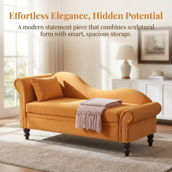 English Elm 64.5'' Velvet Chaise Lounge with Hidden Storage Nailhead Trim and Lumbar Pillow Support Earthy Yellow W1097S00295
