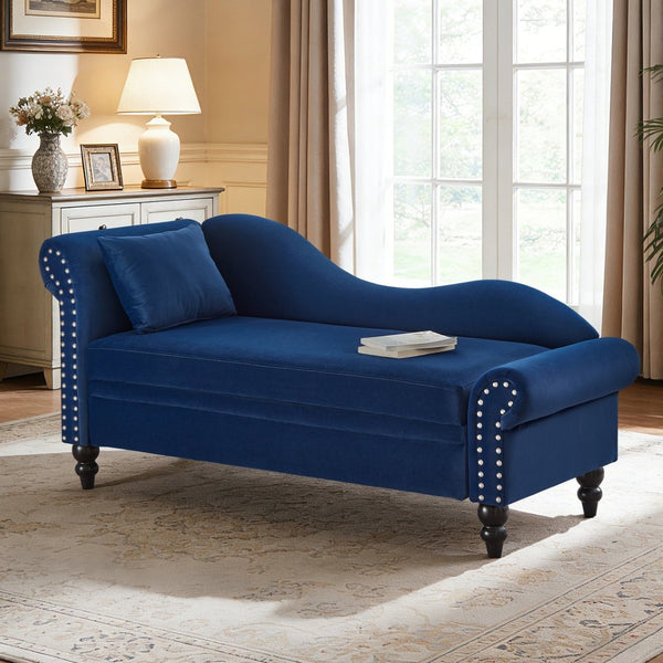 English Elm 64.5'' Velvet Chaise Lounge with Hidden Storage Nailhead Trim and Lumbar Pillow Support Navy Blue W1097S00296