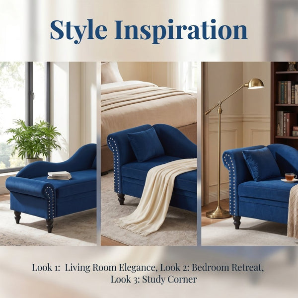 English Elm 64.5'' Velvet Chaise Lounge with Hidden Storage Nailhead Trim and Lumbar Pillow Support Navy Blue W1097S00296