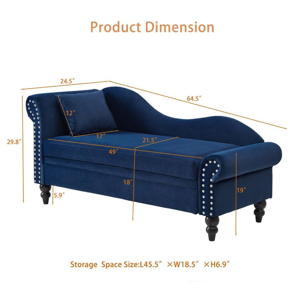 English Elm 64.5'' Velvet Chaise Lounge with Hidden Storage Nailhead Trim and Lumbar Pillow Support Navy Blue W1097S00296