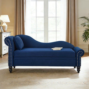 English Elm 64.5'' Velvet Chaise Lounge with Hidden Storage Nailhead Trim and Lumbar Pillow Support Navy Blue W1097S00296