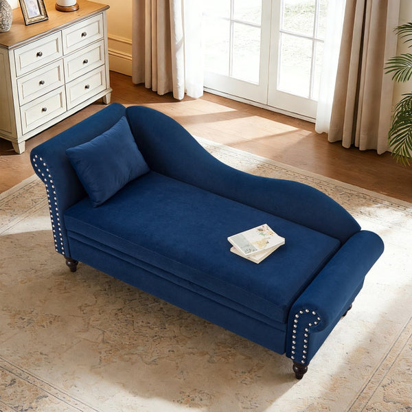 English Elm 64.5'' Velvet Chaise Lounge with Hidden Storage Nailhead Trim and Lumbar Pillow Support Navy Blue W1097S00296