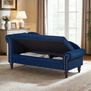 English Elm 64.5'' Velvet Chaise Lounge with Hidden Storage Nailhead Trim and Lumbar Pillow Support Navy Blue W1097S00296