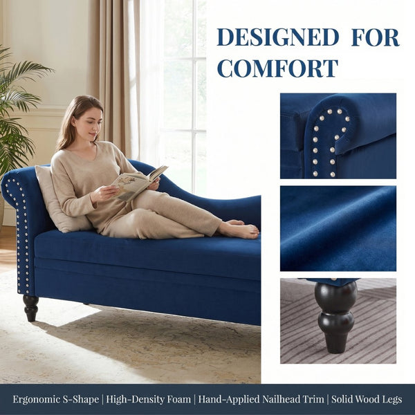 English Elm 64.5'' Velvet Chaise Lounge with Hidden Storage Nailhead Trim and Lumbar Pillow Support Navy Blue W1097S00296