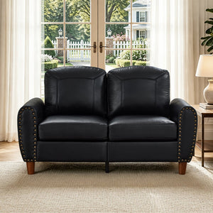 English Elm 59" Faux Leather Loveseat with Brass Nail Head Trim Rolled Arms and Rubberwood Legs Black W1097S00297