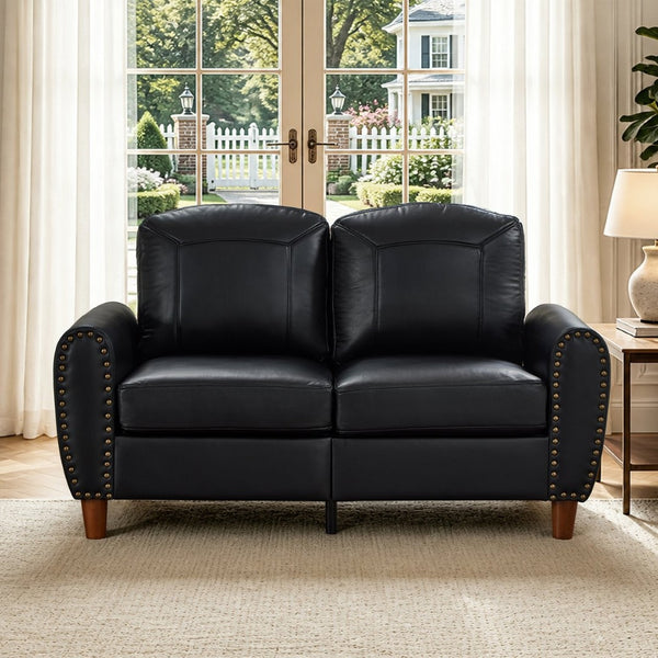 English Elm 59" Faux Leather Loveseat with Brass Nail Head Trim Rolled Arms and Rubberwood Legs Black W1097S00297
