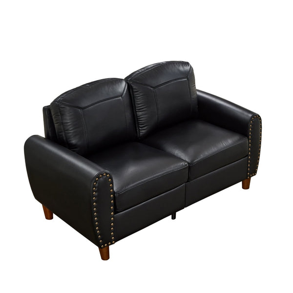 English Elm 59" Faux Leather Loveseat with Brass Nail Head Trim Rolled Arms and Rubberwood Legs Black W1097S00297