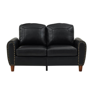 English Elm 59" Faux Leather Loveseat with Brass Nail Head Trim Rolled Arms and Rubberwood Legs Black W1097S00297