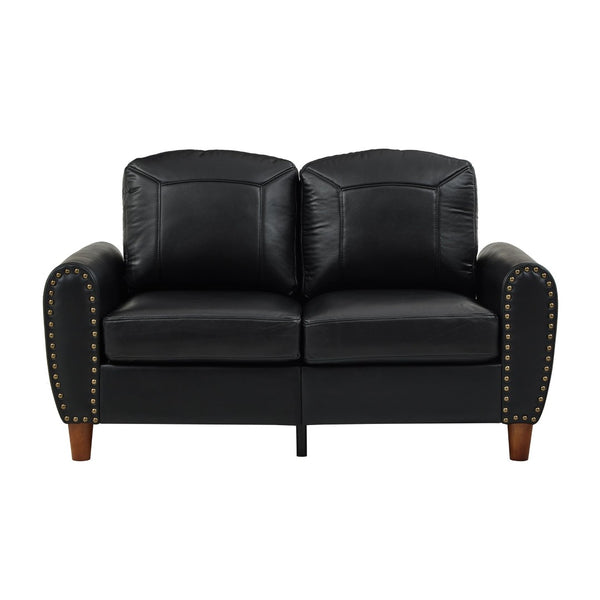 English Elm 59" Faux Leather Loveseat with Brass Nail Head Trim Rolled Arms and Rubberwood Legs Black W1097S00297
