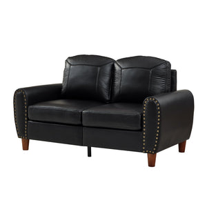 English Elm 59" Faux Leather Loveseat with Brass Nail Head Trim Rolled Arms and Rubberwood Legs Black W1097S00297