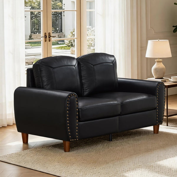 English Elm 59" Faux Leather Loveseat with Brass Nail Head Trim Rolled Arms and Rubberwood Legs Black W1097S00297